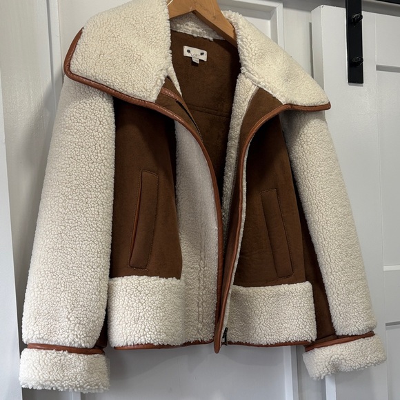 LOFT Ivory Cream Sherpa & Brown Faux Suede Moto Zip Jacket Coat Size Medium - Picture 7 of 15